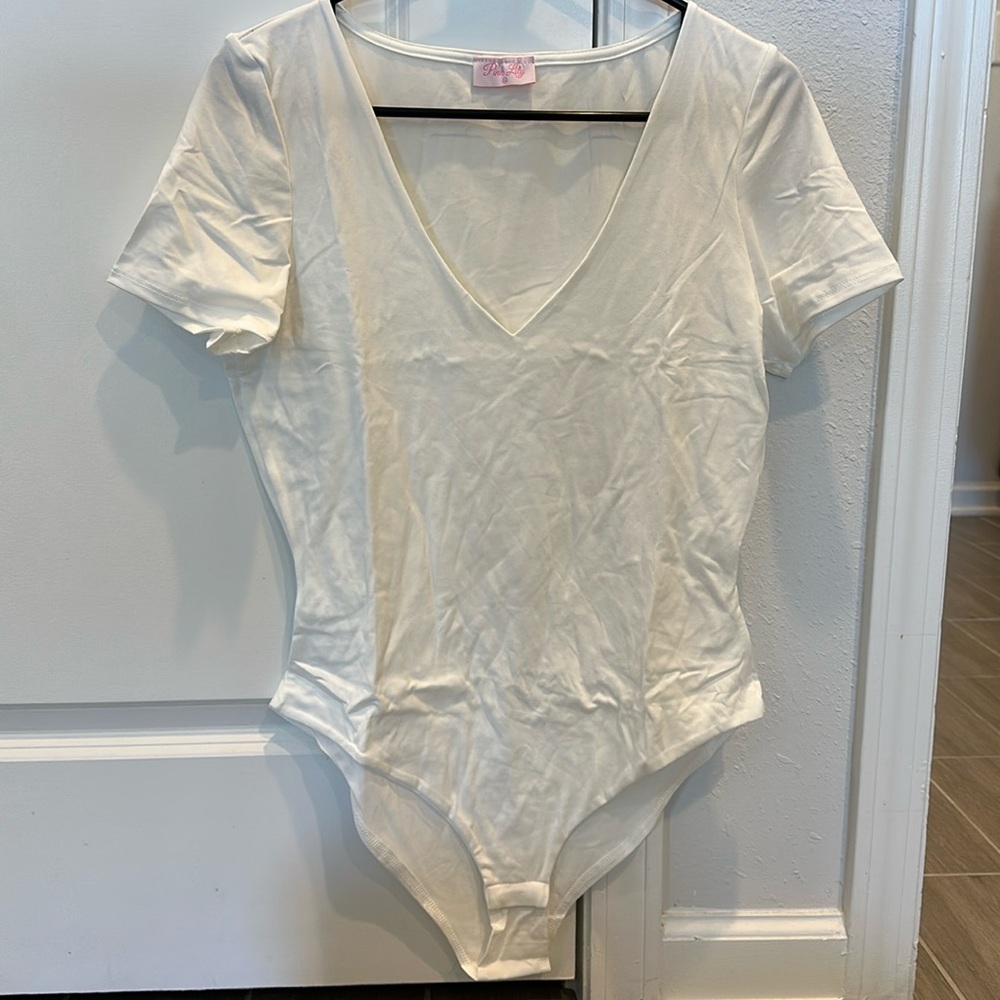 Pink Lily White V-Neck Bodysuit